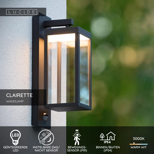 Lucide CLAIRETTE - Wandlamp Binnen/Buiten - LED - 1x13W 3000K - IP54 - Beweging & dag/nacht sensor - Antraciet - USP
